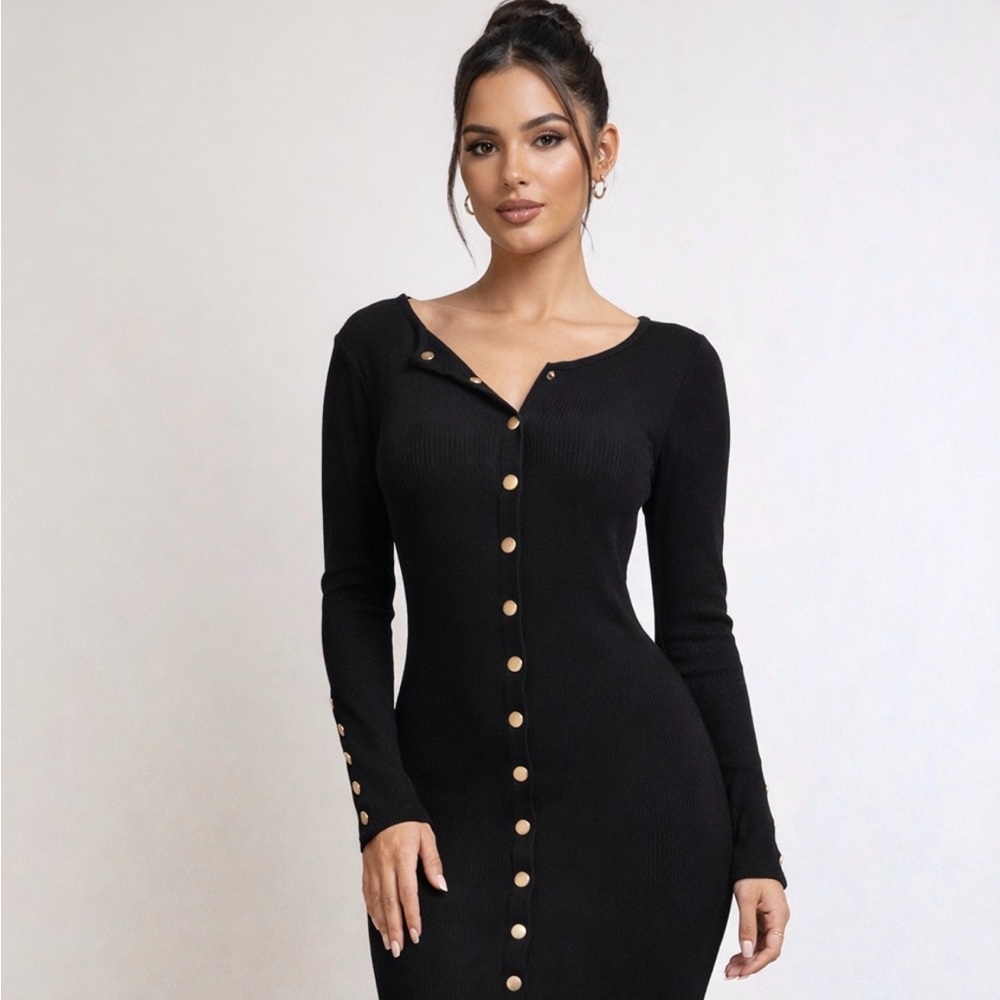 Stretchy Black Long Sleeve Gold Button Dress Size S/M